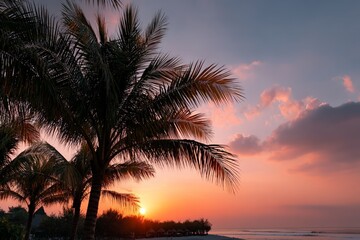 Wall Mural - Tranquil beach sunset with palm trees and vibrant sky