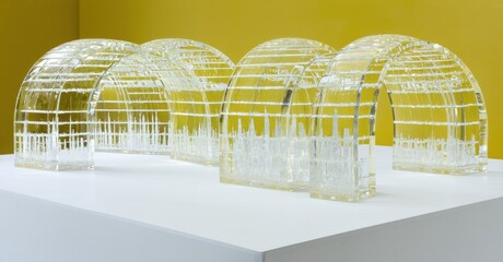 Poster - Clear acrylic structures resembling city skylines. Minimalist display, bright yellow backdrop, modern art installation. Simple geometric forms.