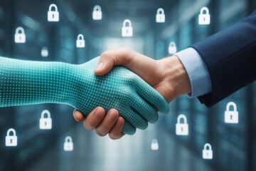 Poster - Human and digital handshake symbolizing cybersecurity partnership on abstract technology background with floating padlock icons and soft light effects.