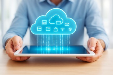 Poster - Man holding tablet with glowing cloud computing icons and data transfer concept in modern tech environment on light background.