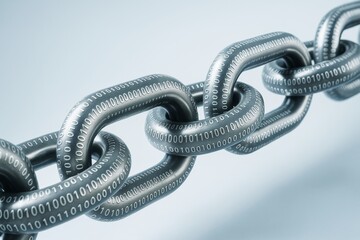 Aufkleber - Metallic chain links with binary code symbols representing blockchain and digital security on light background in tech style. Ai generative.