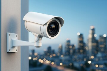 Aufkleber - Surveillance camera on wall with blurred cityscape in background during evening light, showing modern security technology concept.