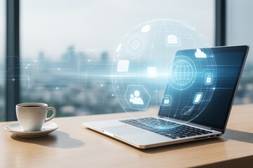 Aufkleber - Laptop with digital global network icons and coffee cup on wooden table in bright office with city view, symbolizing modern technology concept.