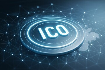 Poster - ICO glowing digital sign with futuristic network connections on blue tech background symbolizing cryptocurrency fundraising and blockchain innovation.