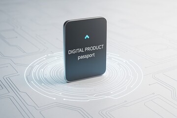 Aufkleber - Digital product passport concept standing on futuristic light tech circuit background with abstract interface elements and business theme focus.
