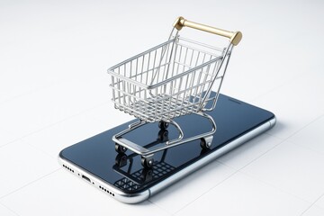 Poster - Shopping cart on smartphone representing e-commerce and digital retail on light abstract background as modern technology concept.
