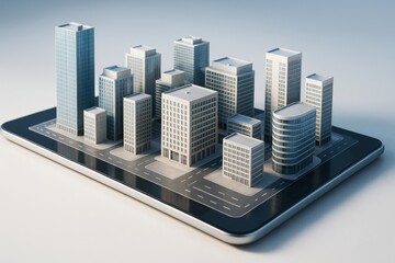 Poster - Futuristic smart city model with high-rise buildings displayed on digital tablet, symbolizing urban technology and innovation concept.