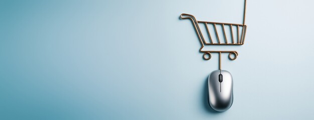 Poster - Computer mouse connected to shopping cart icon on blue background symbolizing online shopping and digital commerce concept for business promotion.