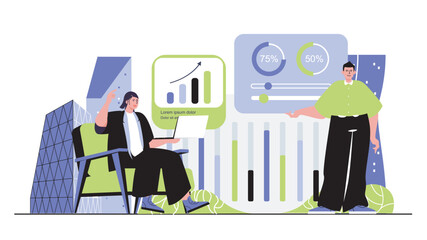 Aufkleber - Business activities concept for modern web design. People developing company in team, analyzing data graph, planning strategy, brainstorming. Flat vector illustration isolated on white background.