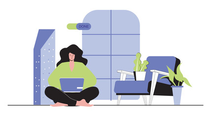 Poster - Freelance concept for modern web design. People working at computer, freelancer doing tasks from home office, connecting with team online. Flat vector illustration isolated on white background.