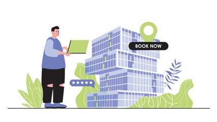Poster - Hotel booking concept for modern web design. People planning trip and renting house or room using laptop, searching travel apartment by internet. Flat vector illustration isolated on white background.