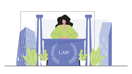 Poster - Law office concept for modern web design. People works as lawyers, offers services for business or company, documents execution, legal advice. Flat vector illustration isolated on white background.