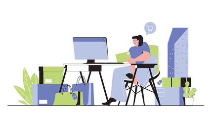 Poster - Shopping concept for modern web design. People making purchases in internet stores, paying using credit card, making online shopping on sale. Flat vector illustration isolated on white background.