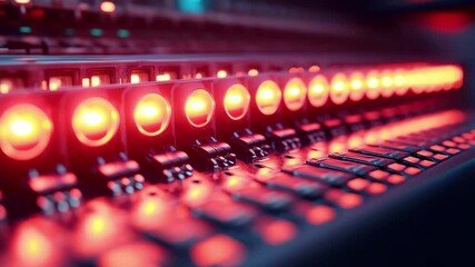 Poster - Bright red lights illuminate control panel with various switches and buttons in a modern tech environment during nighttime