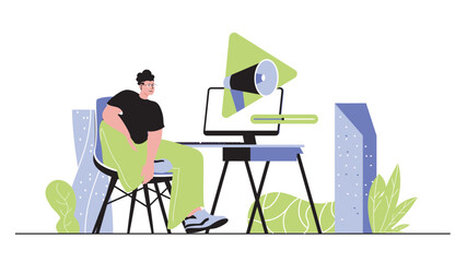 Poster - Video marketing concept for modern web design. People creating content with advertising information, promoting online, attracting new clients. Flat vector illustration isolated on white background.