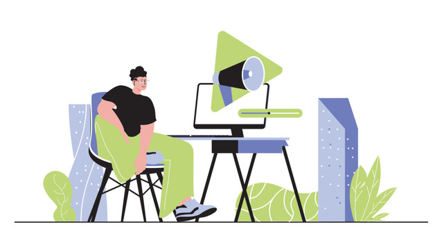 Video marketing concept for modern web design. People creating content with advertising information, promoting online, attracting new clients. Flat vector illustration isolated on white background.