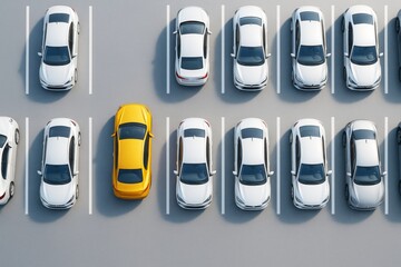 Aufkleber - Aerial view of a yellow car standing out in a parking lot full of identical white cars on a sunny day with long shadows on the ground.