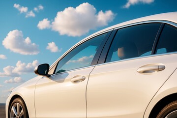 Poster - Close-up of modern white luxury car side view with clear sky and clouds in background, blending transport and creative light design aesthetics.
