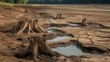 © Эля Эля - Dry riverbed near deforested area with remaining stumps along banks, cracked earth showing water depletion effects