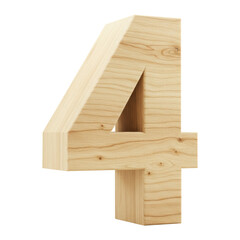 Fototapete - A Realistic 3D Wooden Number or Digit Four with a Natural Wood Texture, A Wooden Font Character of the Number 4 for Educational Use. Cut Out, Clipping Path Isolated on Transparent Background.
