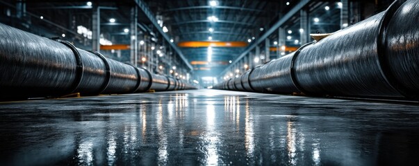 Poster - Industrial factory interior showcasing symmetrical pipes with sleek and reflective surfaces
