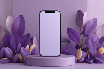 Poster - Modern smartphone displayed on a purple stand surrounded by decorative leaves