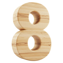 Fototapete - A Realistic 3D Wooden Number or Digit Eight with a Natural Wood Texture, A Wooden Font Character of the Number 8 for Educational Use. Cut Out, Clipping Path Isolated on Transparent Background.