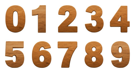 Fototapete - A Complete Set of 3D Brown Wooden numbers or Digit Zero to Nine with Wooden Texture, A Wooden Font Character Set of the Numbers 0 to Nine 0,1,2,3,4,5,6,7,8,9. Cut Out on Transparent Background.