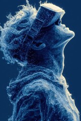 Poster - Abstract figure wearing virtual reality glasses surrounded by glowing network connections