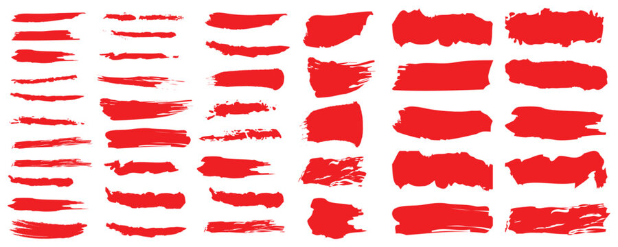 Collection of vector red paint tube, paintbrush and brush strokes. Grunge design elements. Painted ink stripes. Creative isolated spots. Vector illustration. Isolated on white background.