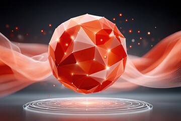 Poster - Abstract geometric sphere with dynamic red tones and digital network visualization