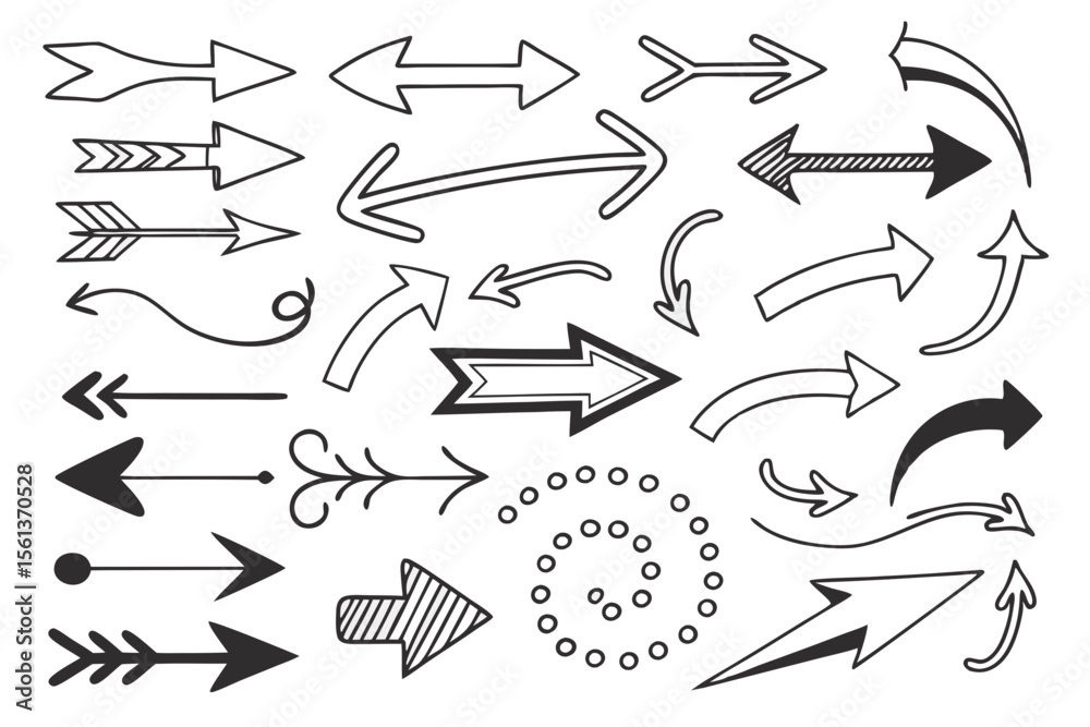 Sketchy Black Arrows in Hand-Drawn Vector Format Featuring Curved and ...