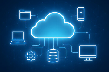 Poster - Cloud Network Connectivity: Abstract glowing cloud diagram connecting devices and data sources to a central hub, symbolizing efficient cloud network connectivity in data management.