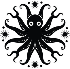 Poster - Vector art of an octopus with tentacles and stars, isolated on white background