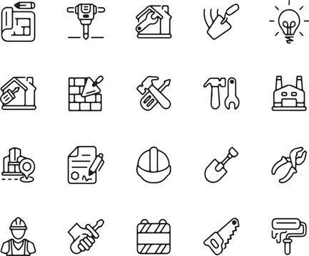 Electrical and Power Equipment Line Icons – Thin Vector Style for Construction, Repair, and Utility Tool Graphics