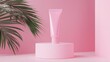 © Hadiah - Pink cosmetic tube on a pink pedestal, tropical leaf backdrop
