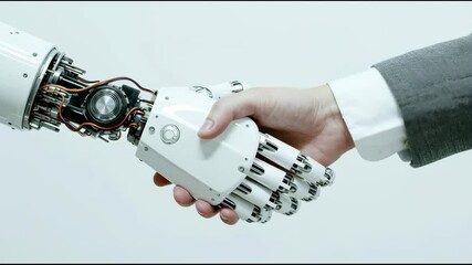 Poster - Metallic robotic hand joining human hand, white backdrop highlighting technological partnership and collaborative potential of ai workplace interaction
