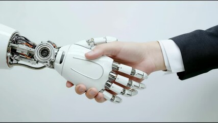 Poster - Mechanical prosthetic hand connecting with human palm, representing technological synergy, advanced collaboration bridging artificial intelligence and human potential