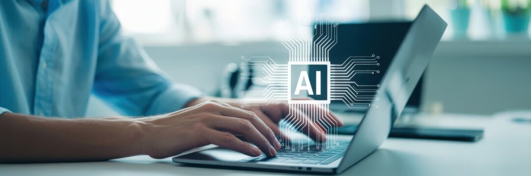Person working on a laptop with an AI graphic overlay.