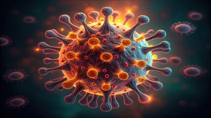 Poster - Detailed Macro View of Virus Structure with Glowing Edges and Vivid Colors