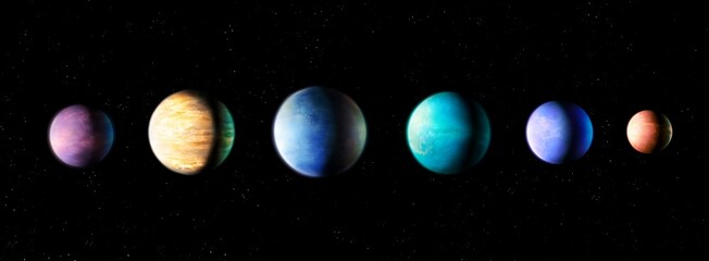 Wall Mural - extrasolar planets in a row on a black background. exoplanets in different colors from an alien star