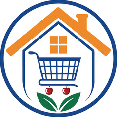 Aufkleber - Stylized logo featuring a shopping cart inside a house silhouette with cherries and leaves isolated on transparent background