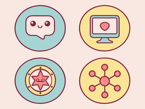 Cute cartoon icons depicting communication, online love, direction, and networking.
