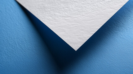 Poster - Close-Up View of Sharp White Paper Corner Overlapping Deep Blue Wall in Artistic Composition, Creating Intriguing Shadow and Texture Effect