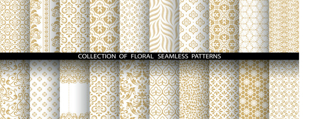 Poster - Geometric floral set of seamless patterns. White and golden vector backgrounds. Damask graphic ornaments