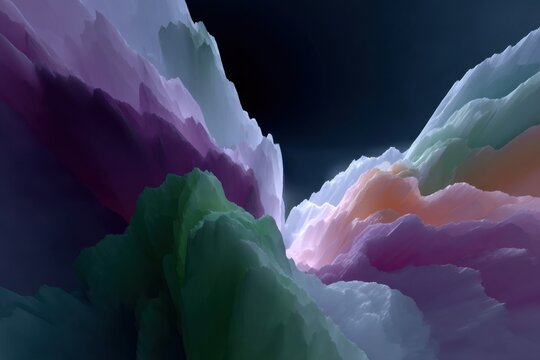 Colorful abstract mountain peaks forming a valley in a surreal landscape