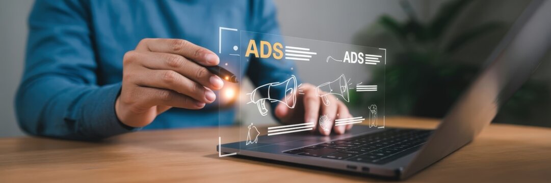 Person designing digital ads on a laptop.