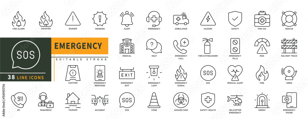 Minimalist Emergency line icons set with editable stroke, featuring ...