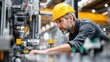 © ttonaorh - Professional worker in a hard hat working with a modern machine on a factory production line.