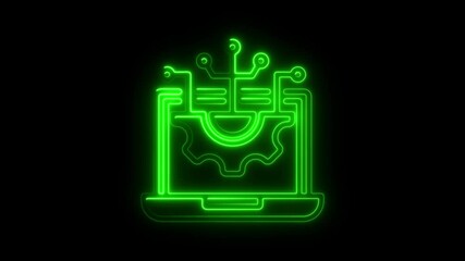Aufkleber - Glowing Neon Tech Gear Icon on Black Background Futuristic Digital Processing Concept